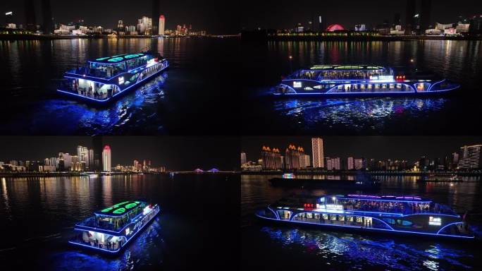 君旅号游轮航行在武汉长江的夜景灯光秀航拍