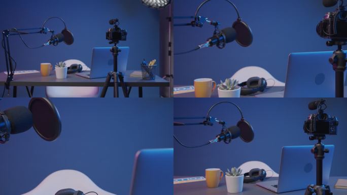 一个专业的录音室，配有相机、笔记本电脑和麦克风，背景为蓝色