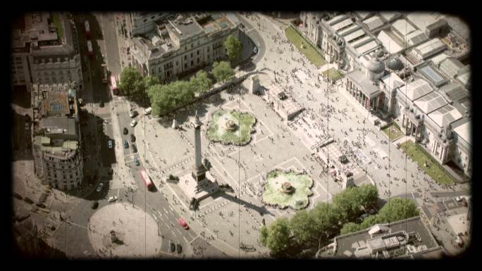 英国伦敦特拉法加广场的老电影鸟瞰图。4K