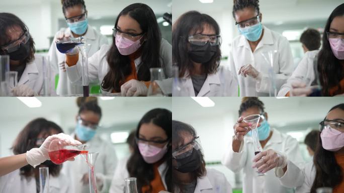 在课堂上，老师在实验室帮助学生做实验