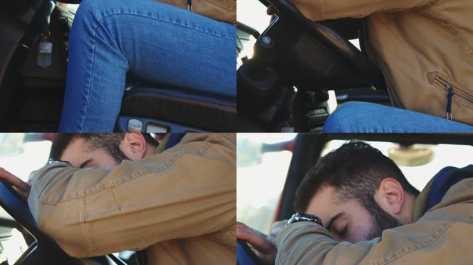 卡车司机外国人睡觉趴在方向盘睡觉车上休息