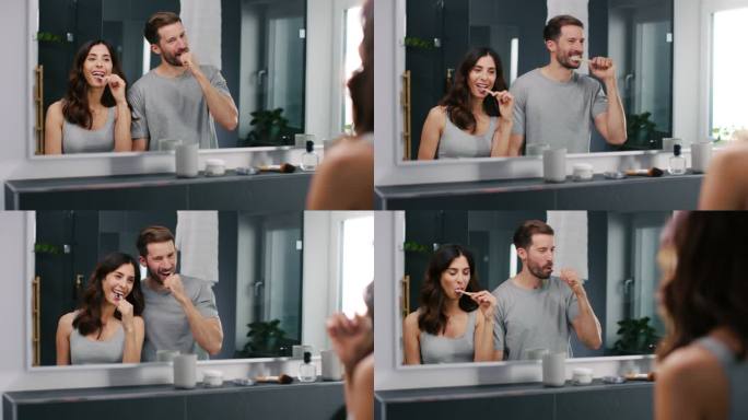 一对刷牙的夫妇热恋情侣家庭浴室间早起刷牙