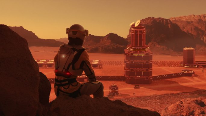 火星上的宇航员正在观察空间站。太空中的地球殖民地