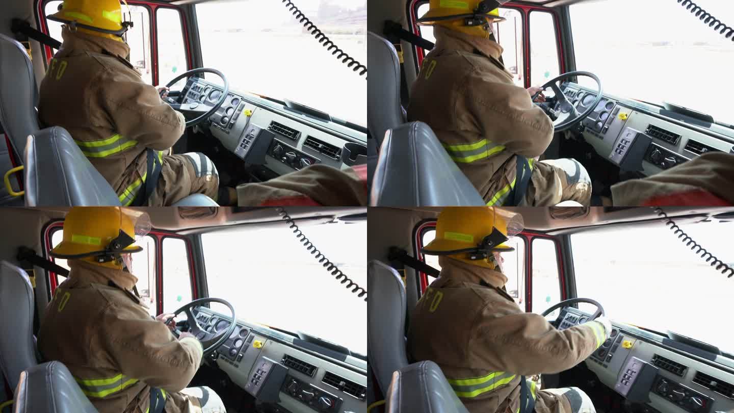 消防人员驾驶消防车应对紧急情况，通过双向无线电通信