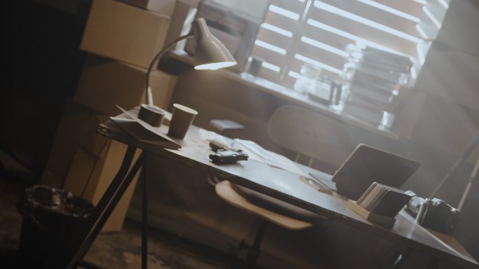 侦探的书桌上放着文件、枪和笔记本电脑