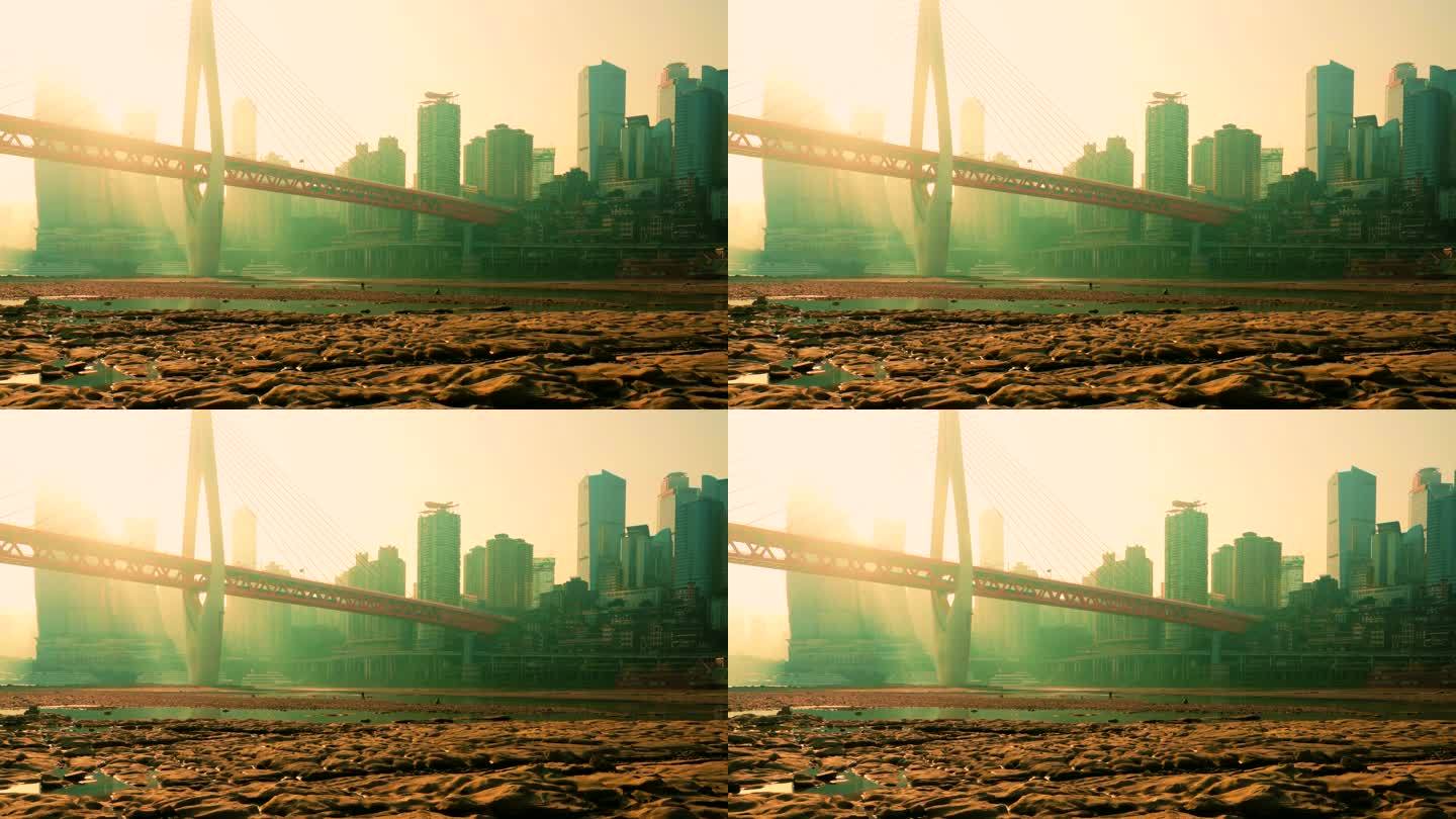 重庆河滩清晨日出来福士地铁阳光丁达尔光线