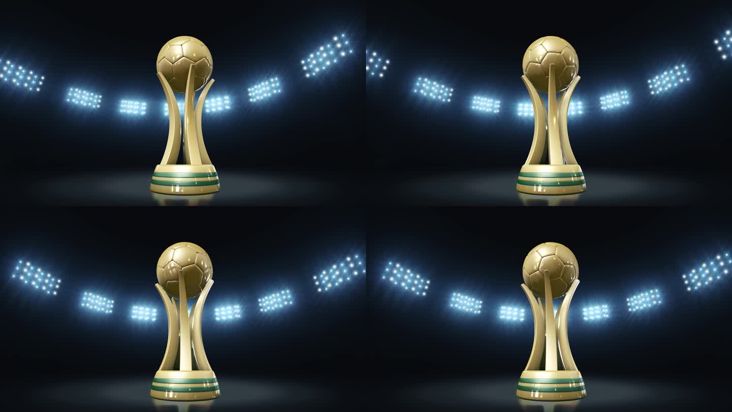 背景为旋转球和聚光灯的足球奖杯