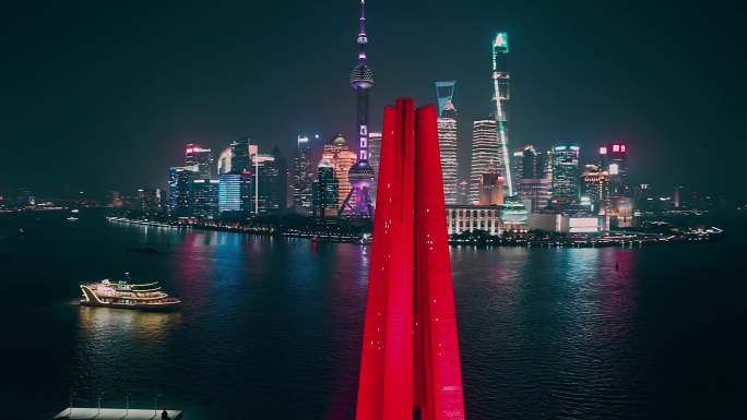 上海一线网红江边外滩夜景灯光航拍4K视频