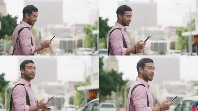 一个年轻商人在上班途中使用手机的4k视频片段