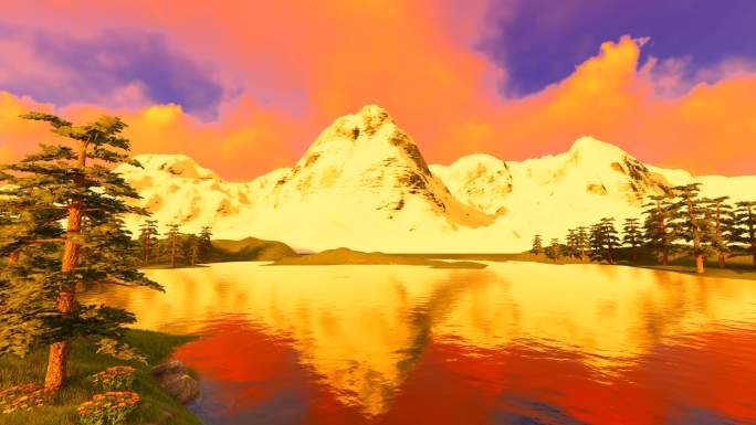 雪山下的湖泊三维动画
