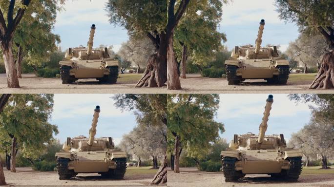 前视图中树木之间的军用装甲坦克