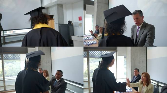 一名不知名的女学生收到毕业证书，与院长和所有董事会成员握手