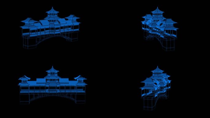 蓝色全息科技线框古建筑素材带通道