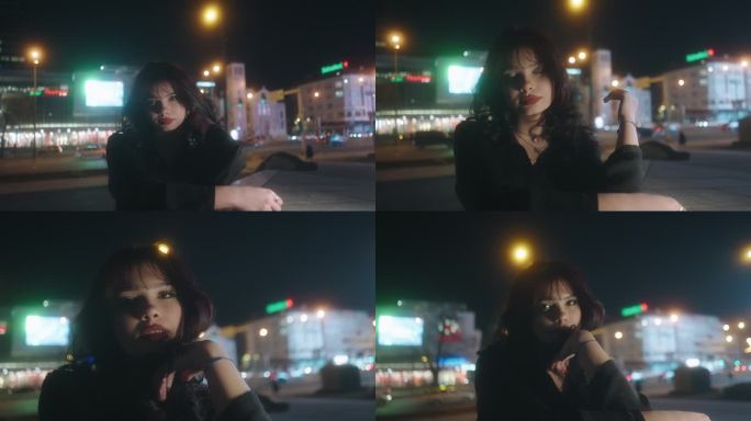 一位年轻女子的视频肖像，在城市的夜晚，用彩色灯光慢镜头拍摄