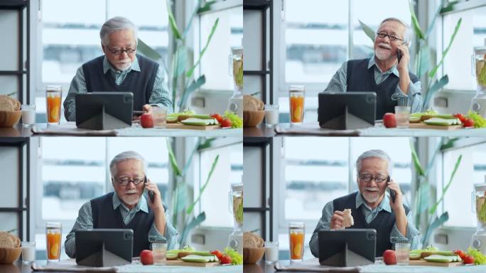 一位退休的亚洲男性，头发灰白，穿着休闲服，享受着悠闲的早餐，喝着健康的饮料，在现代公寓的餐桌上阅读平
