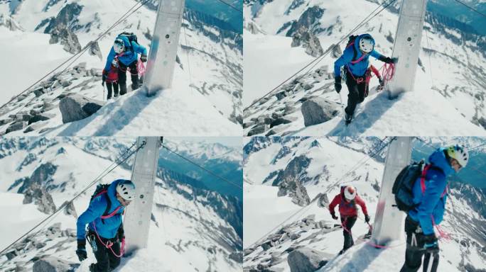 登山者到达山顶爬雪山背包客探险