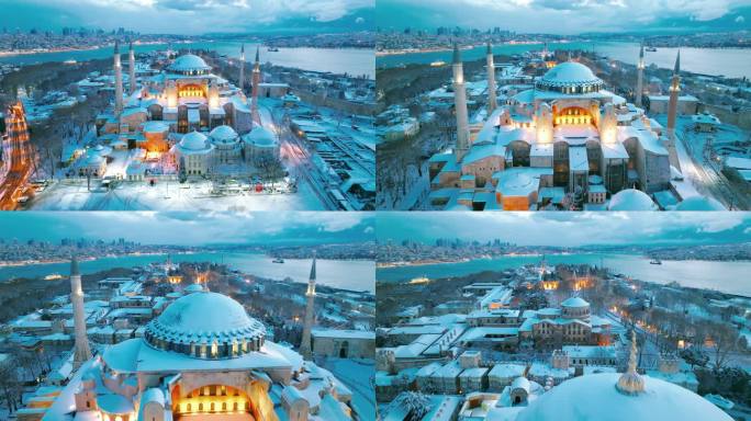 伊斯坦布尔雪天的4K无人机画面-圣索菲亚清真寺和博斯普鲁斯海峡