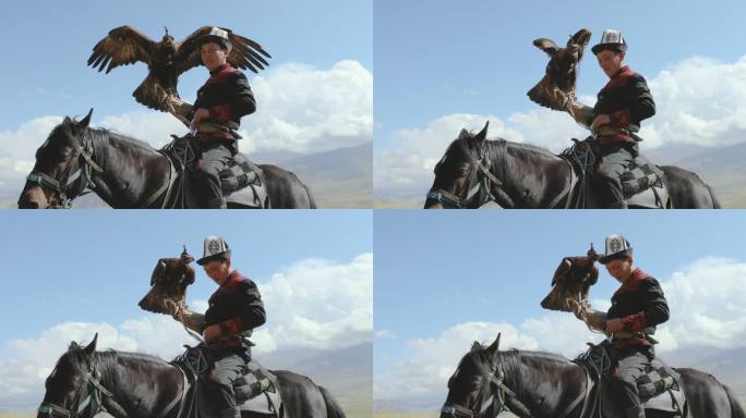 吉尔吉斯斯坦天山山上骑马的猎鹰者