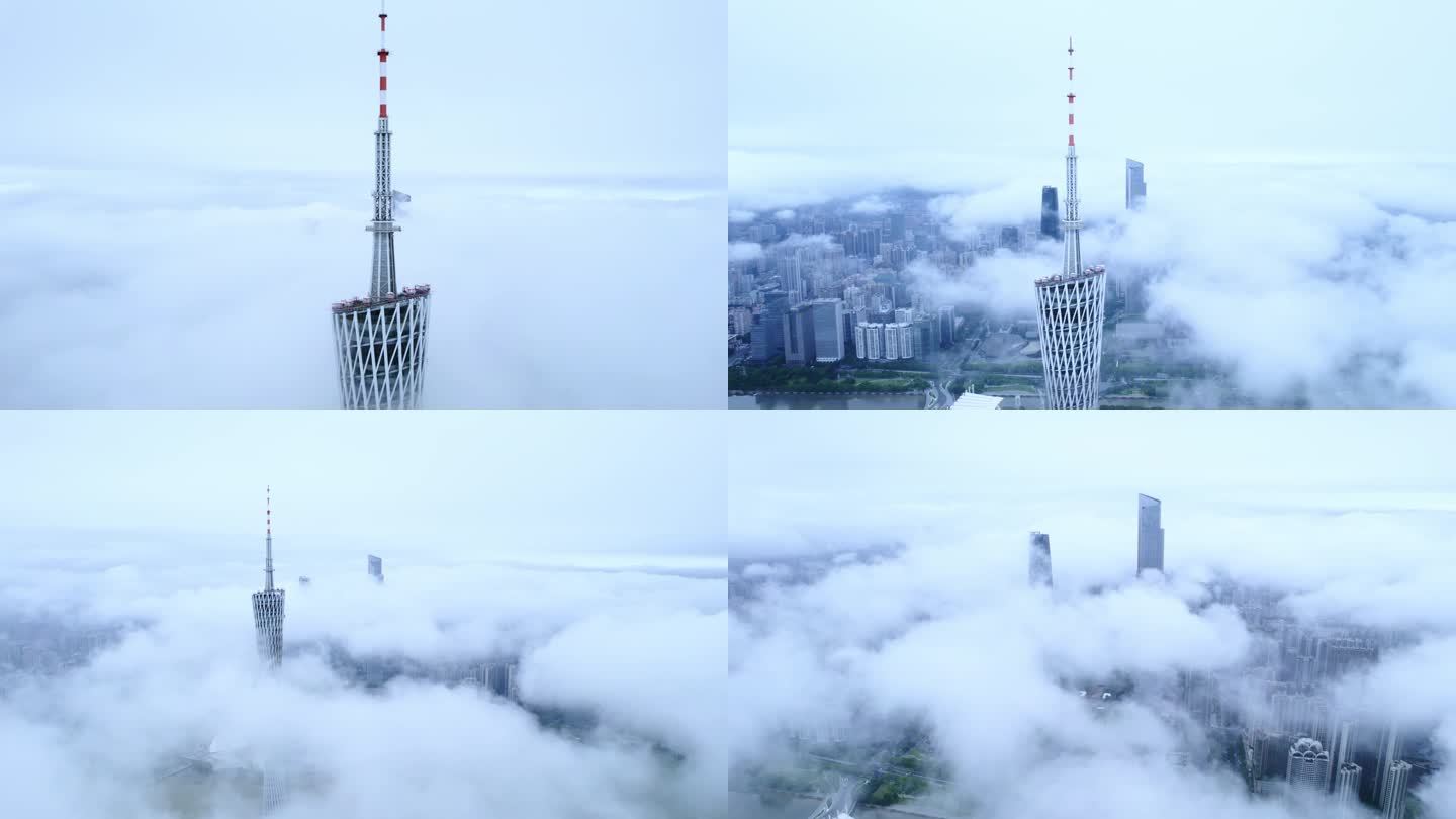航拍云海中的广州塔远景特写