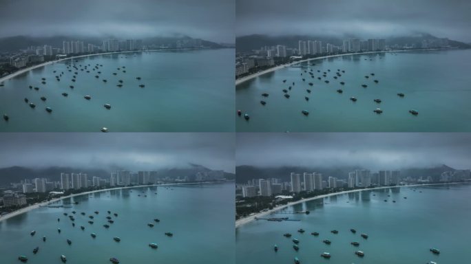 浓雾中的海上渔港惠州建设航拍宣传高楼大厦