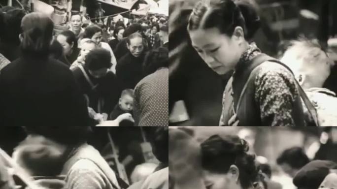 60年代香港 妇女背着孩子逛早市