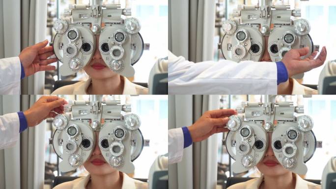 特写：一名亚洲年轻女子在眼科医生办公室接受专业设备的视力检查，准备制作光学眼镜