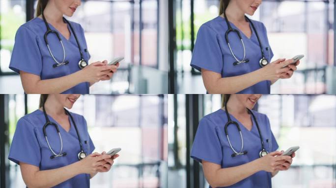 一个无法辨认的护士独自站在诊所里使用手机的4k视频片段