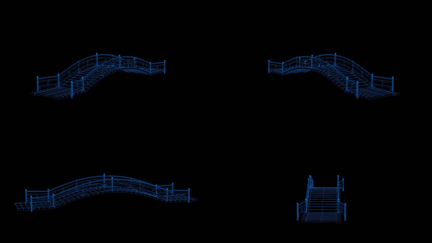 蓝色全息科技线框古建筑 桥素材带通道