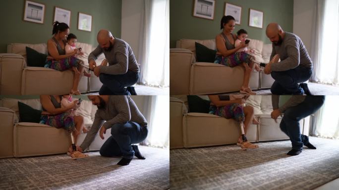 一名残疾妇女在家中穿鞋，丈夫帮助她