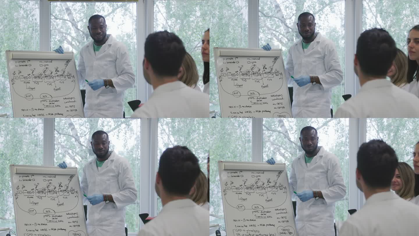 一位黑人男性科学家在白板前向他的团队解释复杂问题