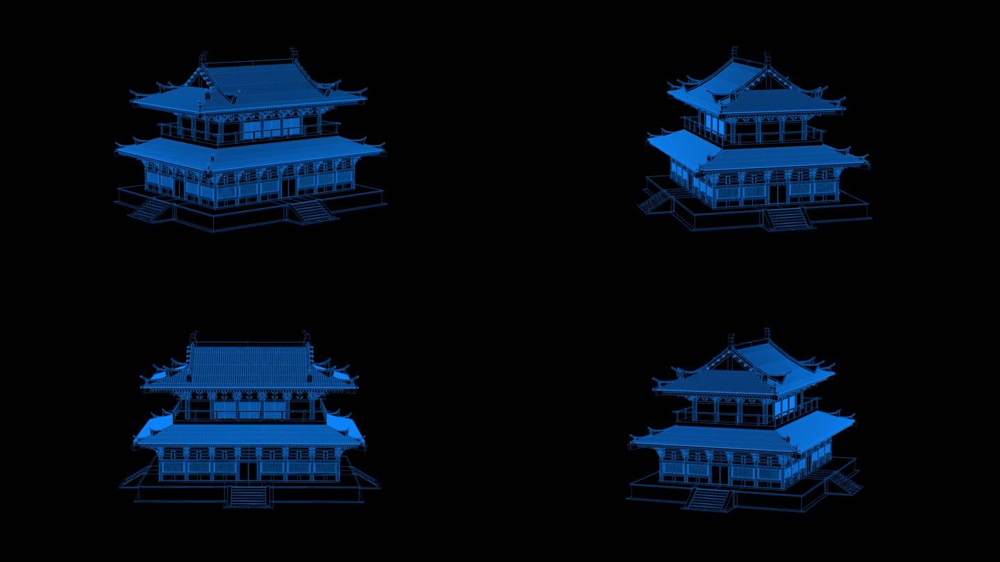 蓝色全息科技线框古建筑素材带通道