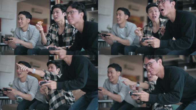 周末，亚裔中国年轻人喜欢和朋友在客厅玩电子游戏