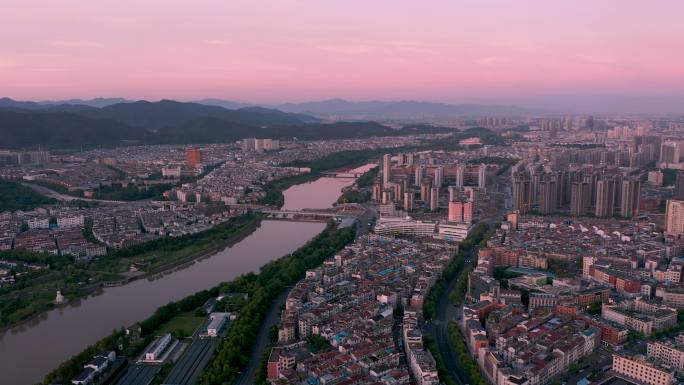 义乌江两岸城市朝霞大场景风光航拍