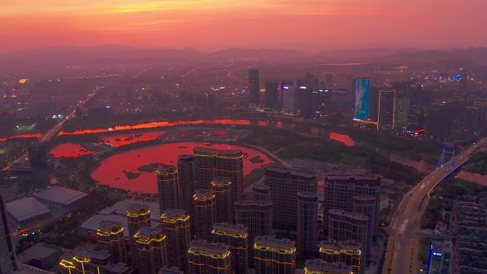 义乌金融商务区城市晚霞夜景风光航拍