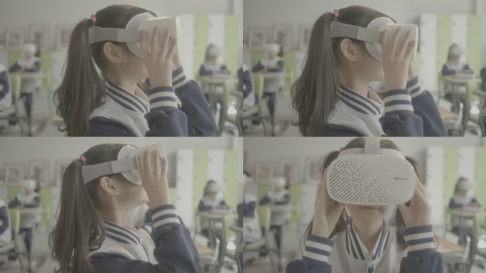 女孩带着VR眼镜上课
