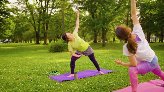 孕妇在自然中与专业女性瑜伽教练练习瑜伽