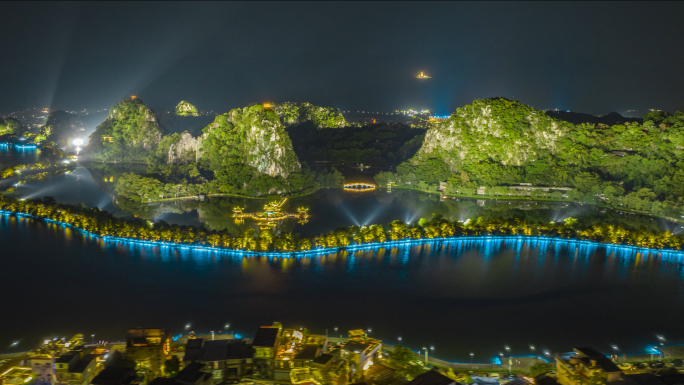 肇庆七星岩 五龙亭 夜景航拍延时