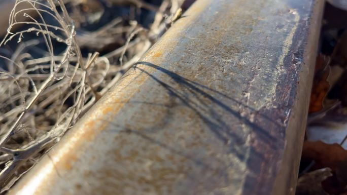 科罗拉多州西部阳光明媚的一天，生锈的旧火车轨道的特写镜头，轨道周围有岩石