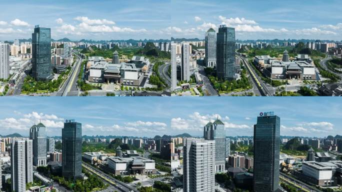 延时拍摄蓝天白云下桂林临桂区的城市风光