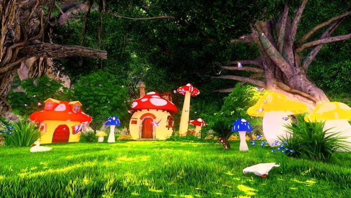 卡通儿童森林蘑菇房子梦幻场景-白天