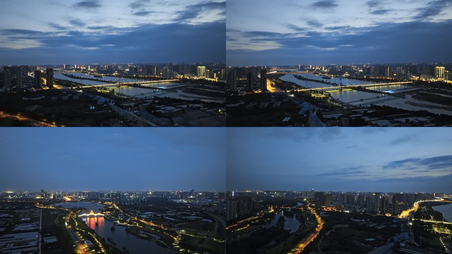 航拍咸阳渭城桥 落雁桥 古渡廊桥夜景延时