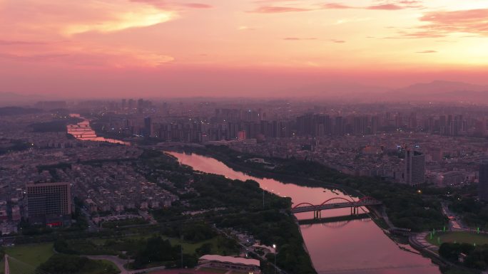 义乌江两岸晚霞夜景大场景风光4K航拍