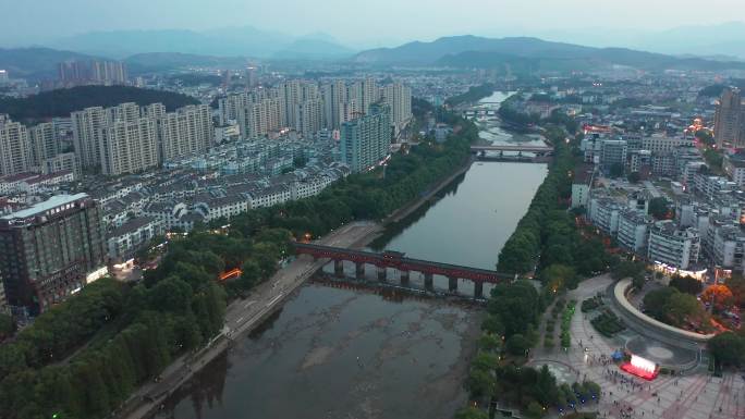 浙江武义熟溪河两岸夜景风光航拍