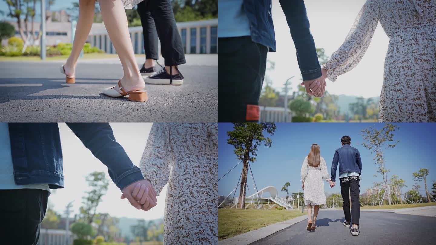 4k情侣挽手散步行走慢动作视频