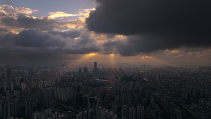 4K 上海城市航拍丁达尔光