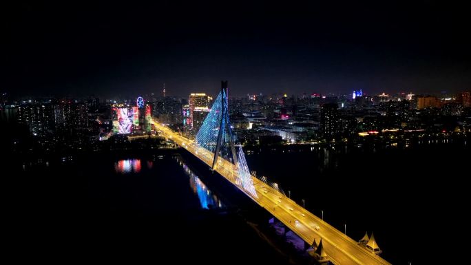航拍哈尔滨市松浦大桥夜景延时