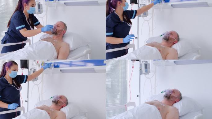 这名男子戴着氧气面罩躺在医院的床上，恢复了知觉
