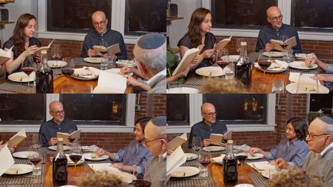 一家人在逾越节的家宴上读出埃及记