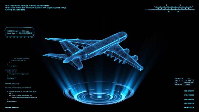 蓝色全息线框科技飞机HUD素材带通道