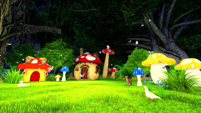 卡通儿童森林蘑菇房子梦幻场景-夜景